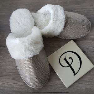 INC Faux Fur Lined Slippers Women's Size 11-12 Champagne Metallic Trend NWT